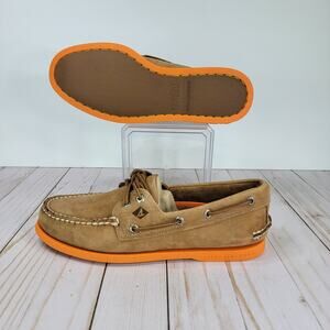 MSRP $110, Sperry Authentic Original 2-Eye Boat Shoe, TAN/Orange Sole, Size 7.5